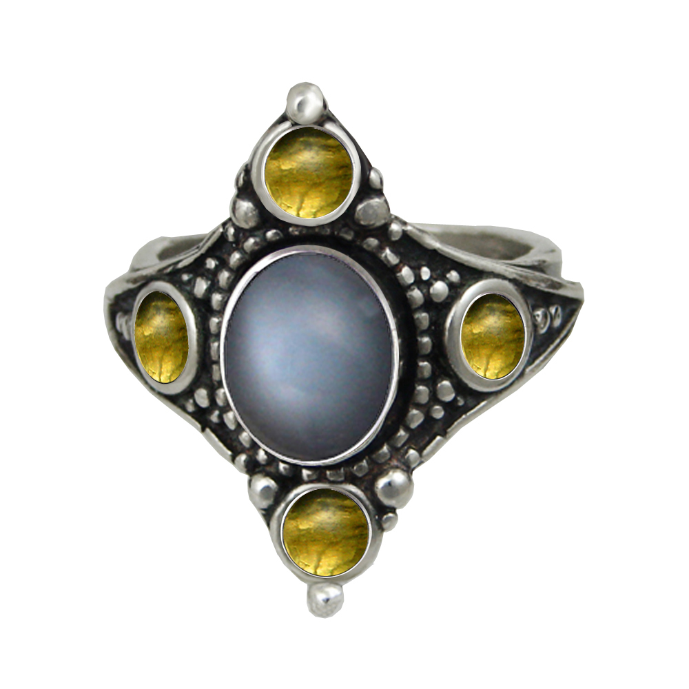 Sterling Silver Renaissance Queen's Ring With Grey Moonstone And Citrine Size 9